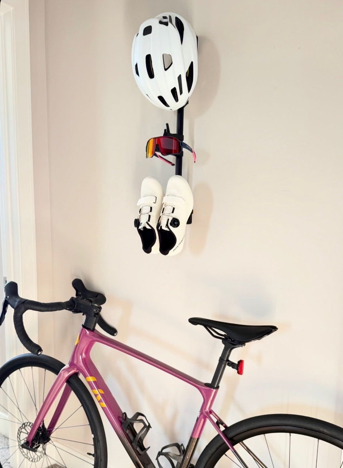 Wall storage options for cyclists including the MontaVelo Alta cycling gear rack