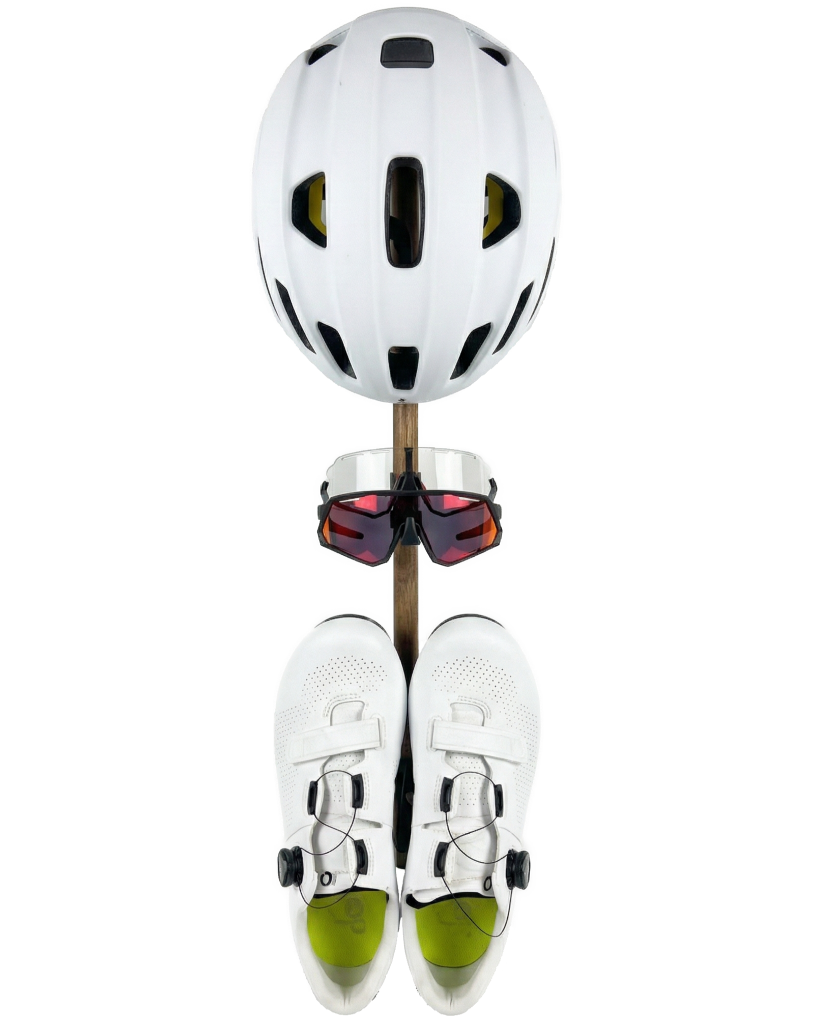 Product rack with a white helmet, two pairs of sunglasses, and a pair of white cycling shoes mounted on it. Viewed from the front.