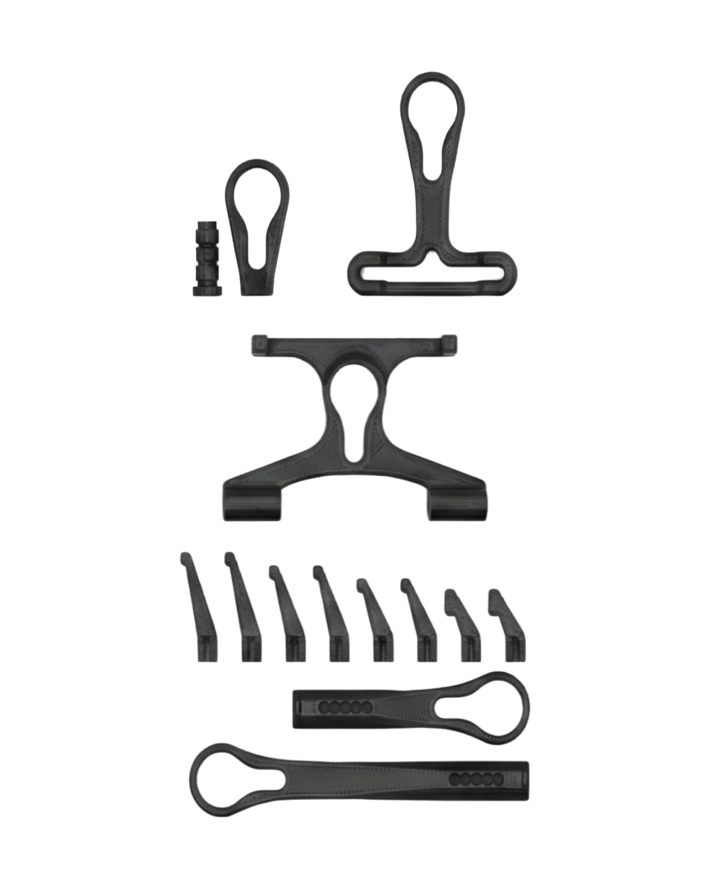 All of the standard Alta modular attachments laid out on a transparent (white) background.