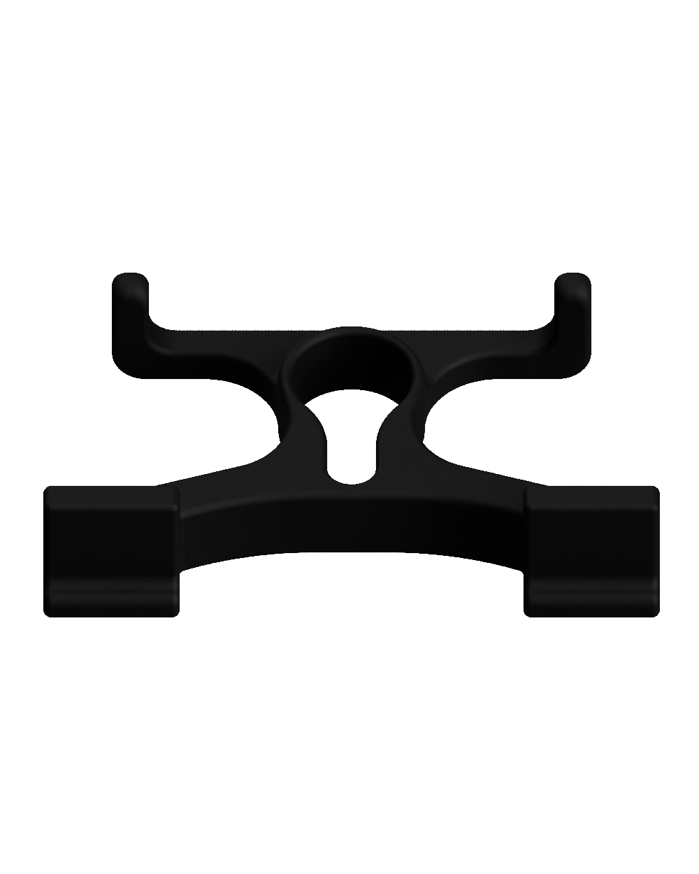Front view of cleat and glove holder modular attachment. Has 4 vertical protrusions, one on each side. Black matte plastic on transparent (white) background.