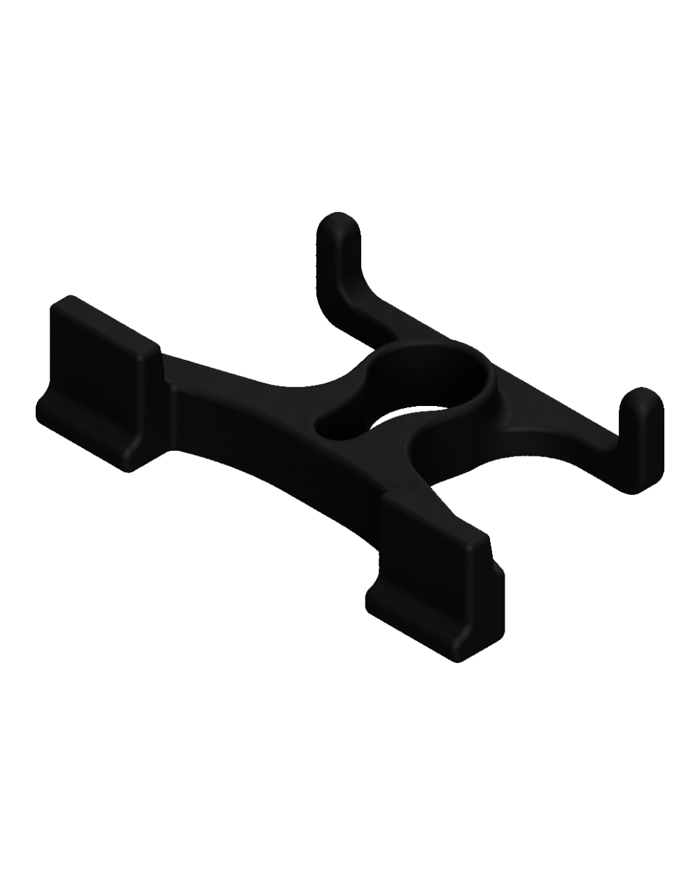 Cleat and glove holder modular attachment. Has 4 vertical protrusions, one on each side. Black matte plastic on transparent (white) background.