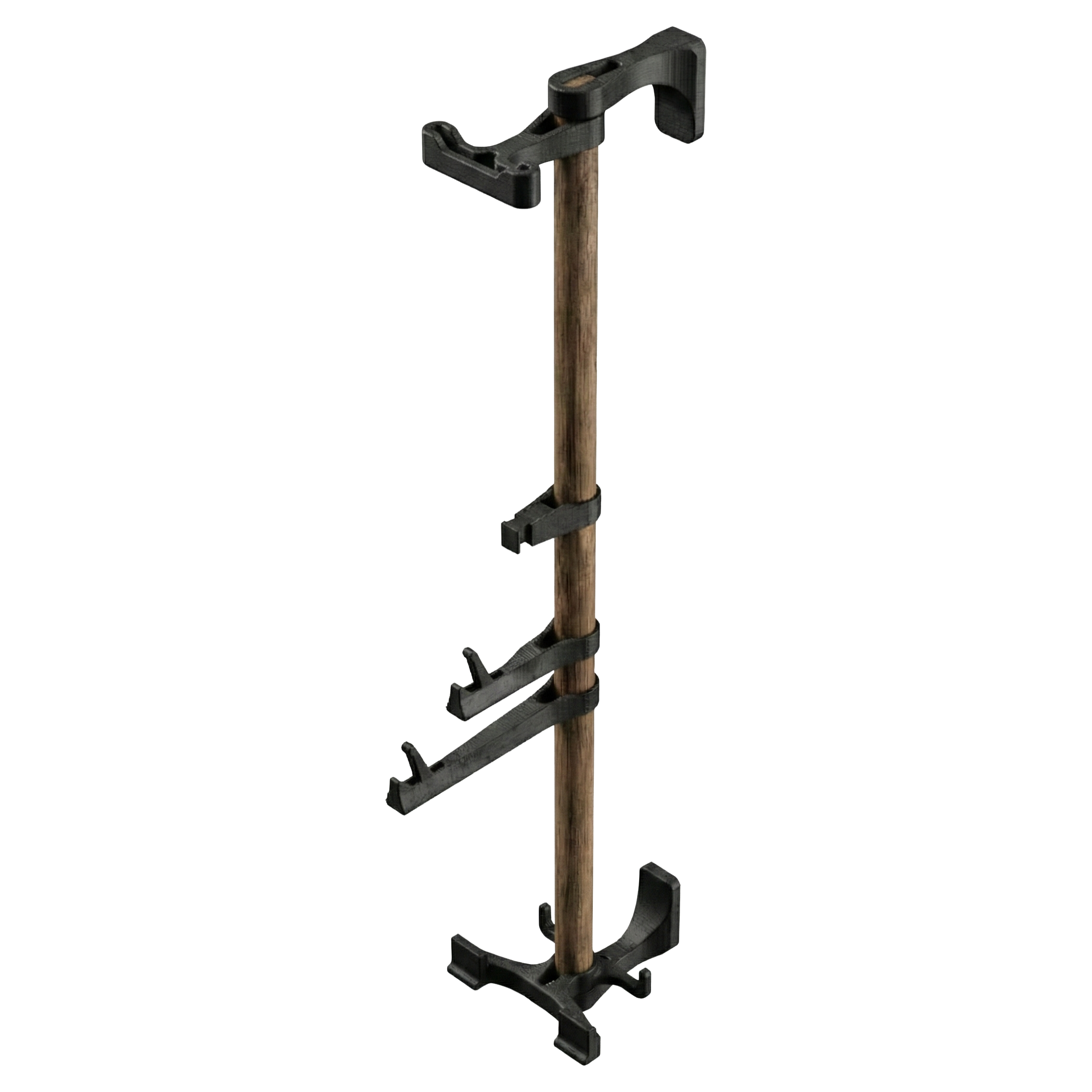 The Alta accessory rack isolated on transparent (white) background. It consists of a vertical wooden rod and several black plastic modular attachments distributed along its height. Isometric view.