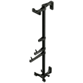 The Alta accessory rack isolated on transparent (white) background. It consists of a vertical black matte aluminum rod and several black plastic modular attachments distributed along its height. Isometric view. 