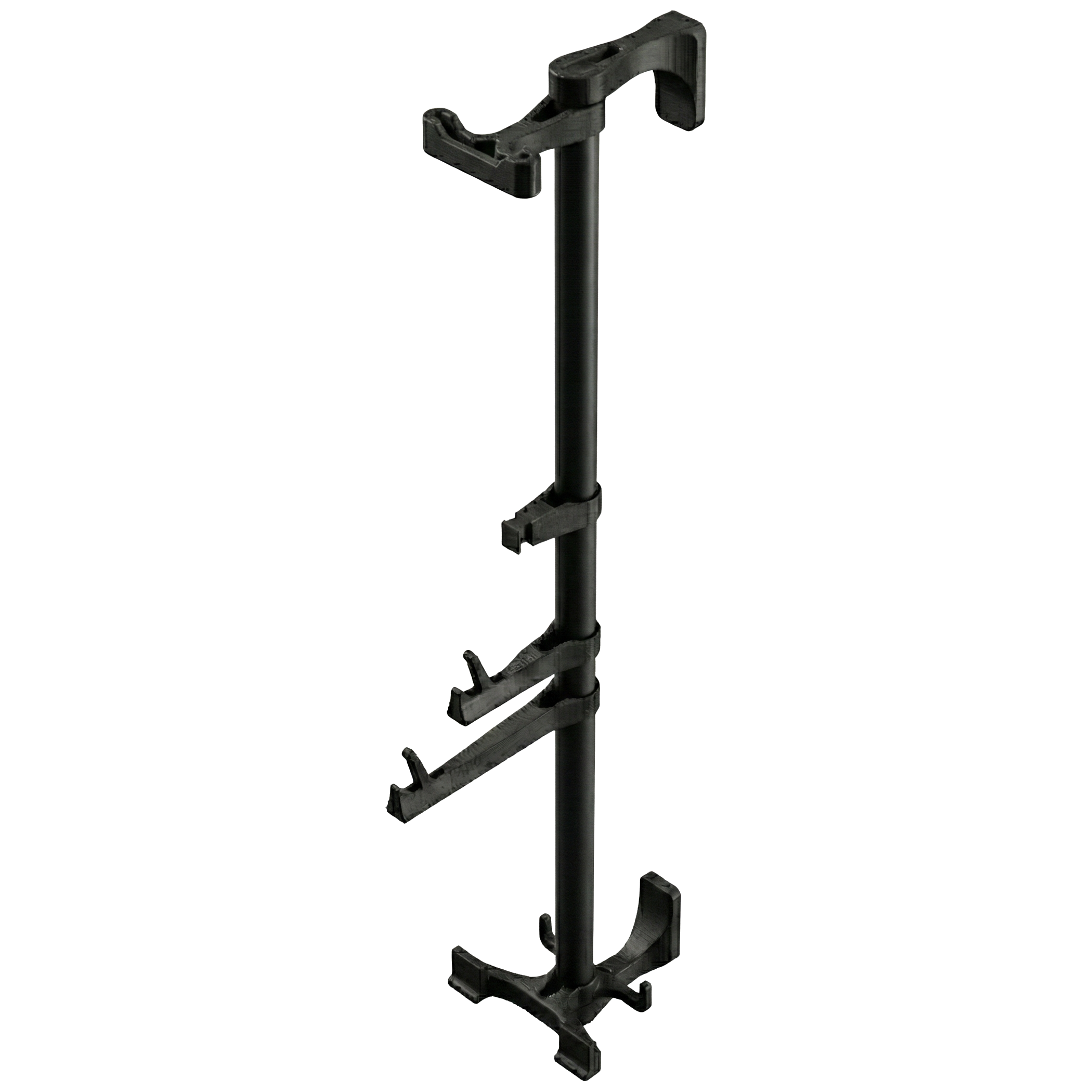The Alta accessory rack isolated on transparent (white) background. It consists of a vertical black matte aluminum rod and several black plastic modular attachments distributed along its height. Isometric view. 