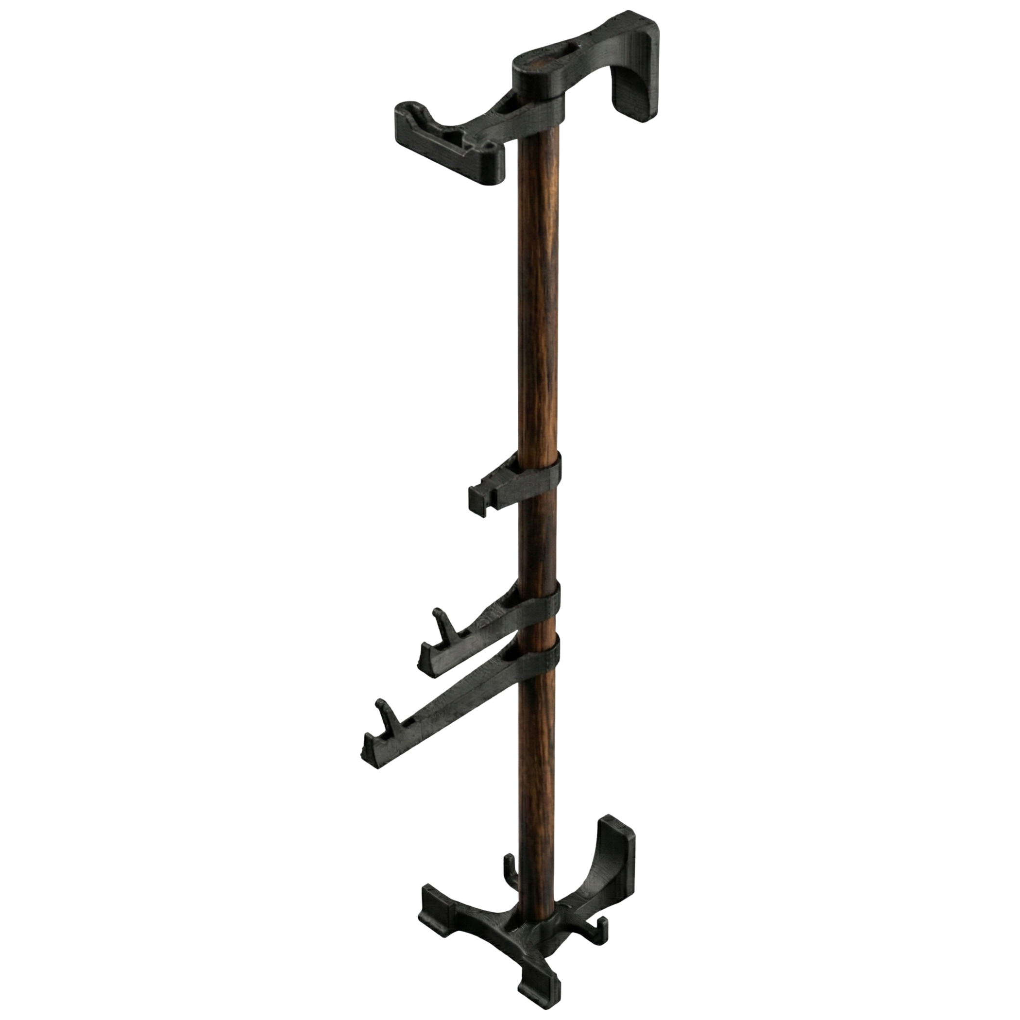 The Alta accessory rack isolated on transparent (white) background. It consists of a vertical wooden rod and several black plastic modular attachments distributed along its height. Isometric view. Darker stained hickory wood.
