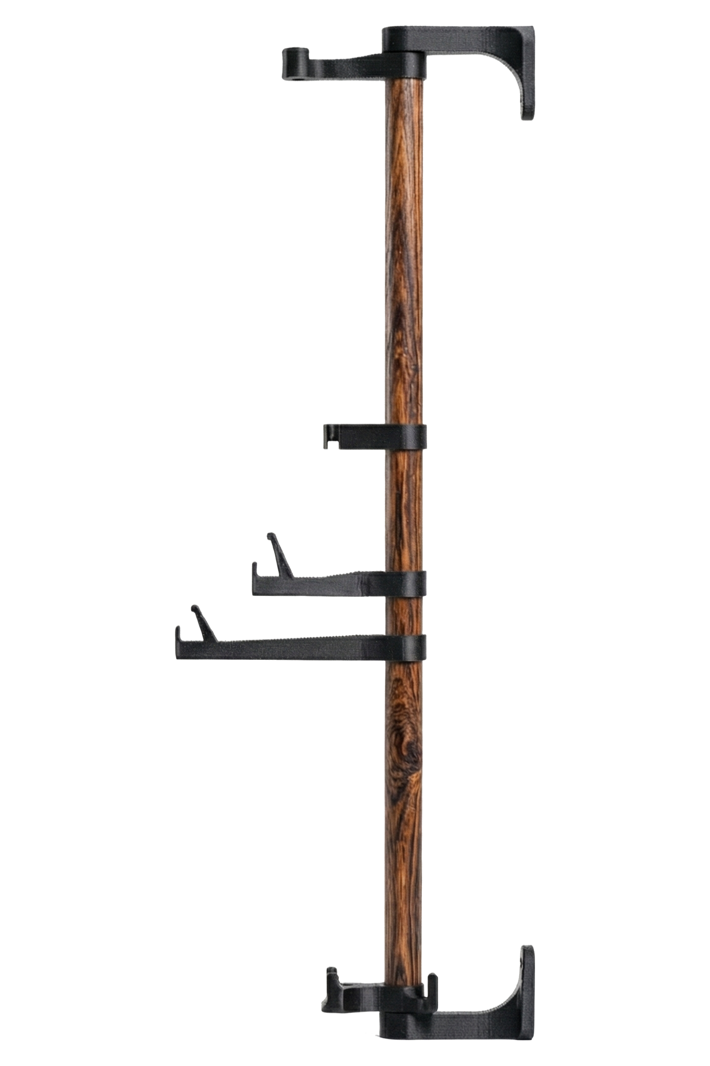 The Alta accessory rack isolated on transparent (white) background. It consists of a vertical wooden rod and several black plastic modular attachments distributed along its height. Side view.