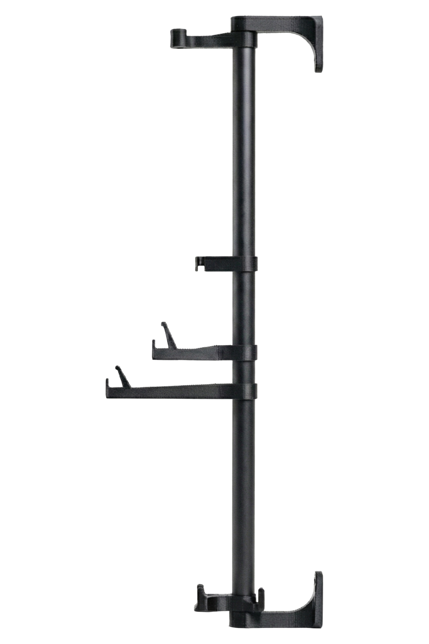 The Alta accessory rack isolated on transparent (white) background. It consists of a vertical black matte aluminum rod and several black plastic modular attachments distributed along its height. Side view.