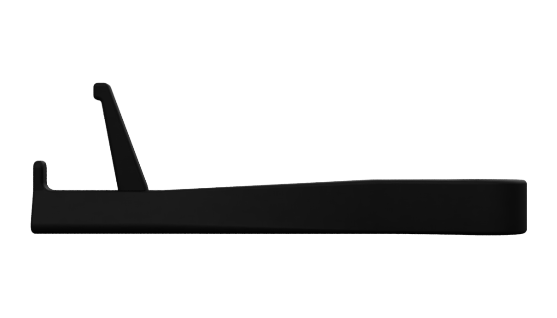 Long sunglasses holder modular attachment. Largest insert in back position. Black matte plastic on transparent (white) background.