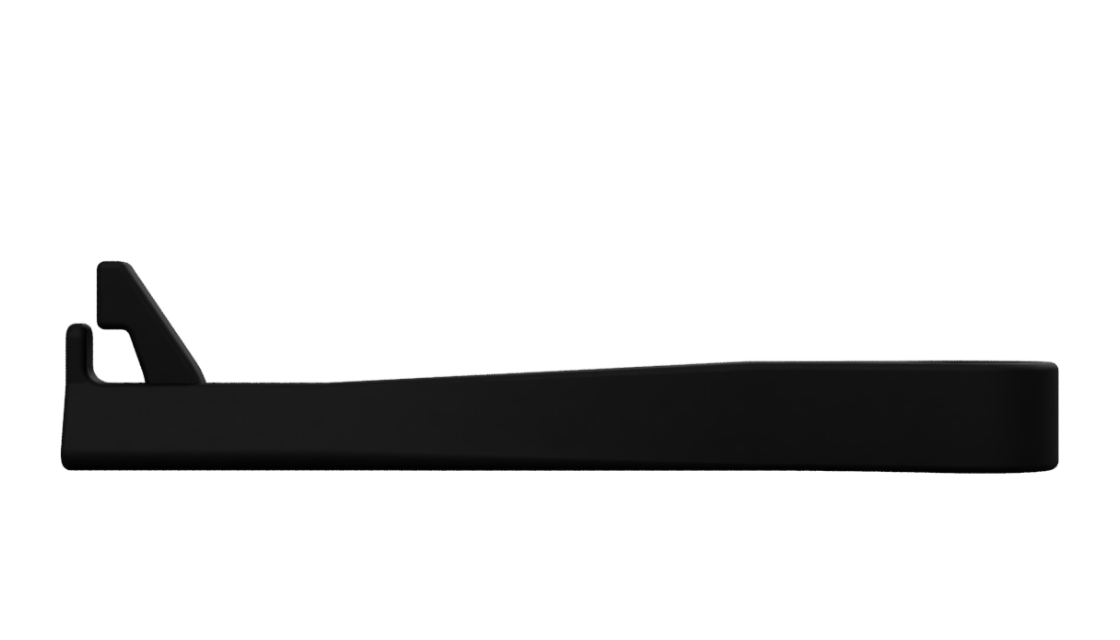 Long sunglasses holder modular attachment. Smallest insert in front position. Black matte plastic on transparent (white) background.