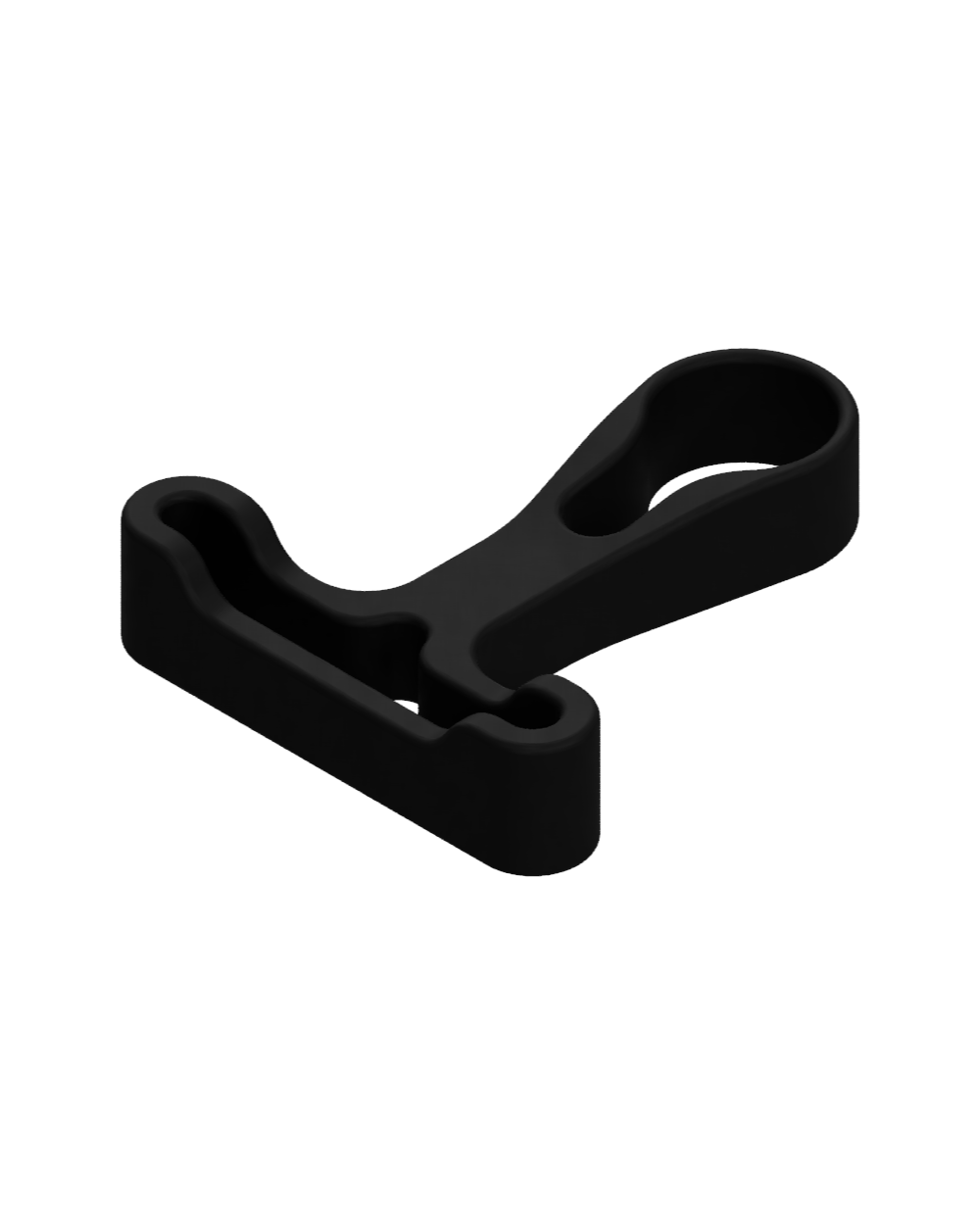 Helmet hanger modular attachment. Like a "T" shape tool. Black matte plastic on transparent (white) background.