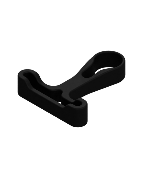 Helmet hanger modular attachment. Like a "T" shape tool. Black matte plastic on transparent (white) background.