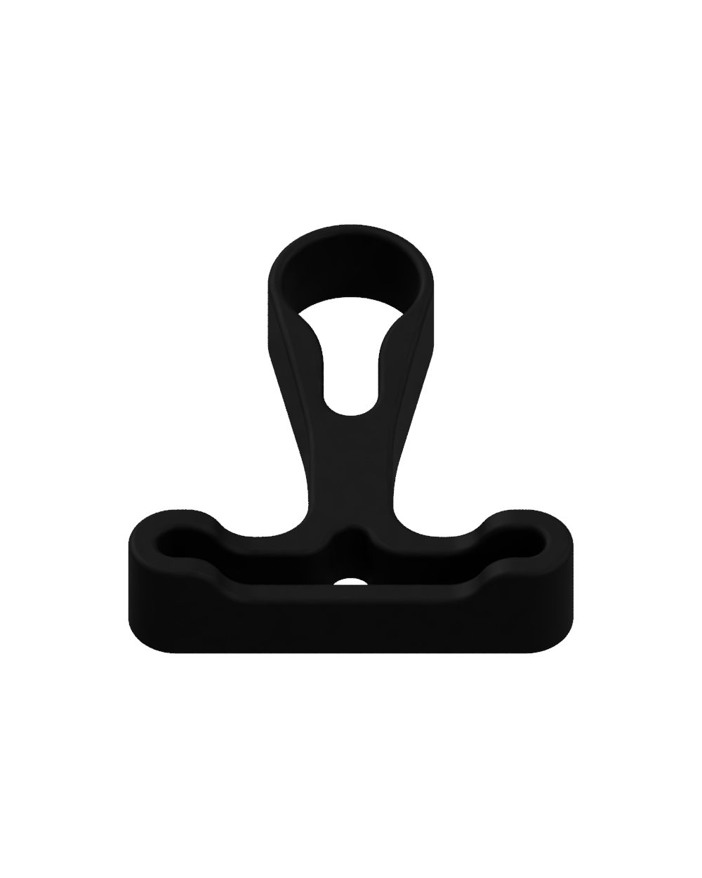 Front view of helmet hanger modular attachment. Like a "T" shape tool. Black matte plastic on transparent (white) background.