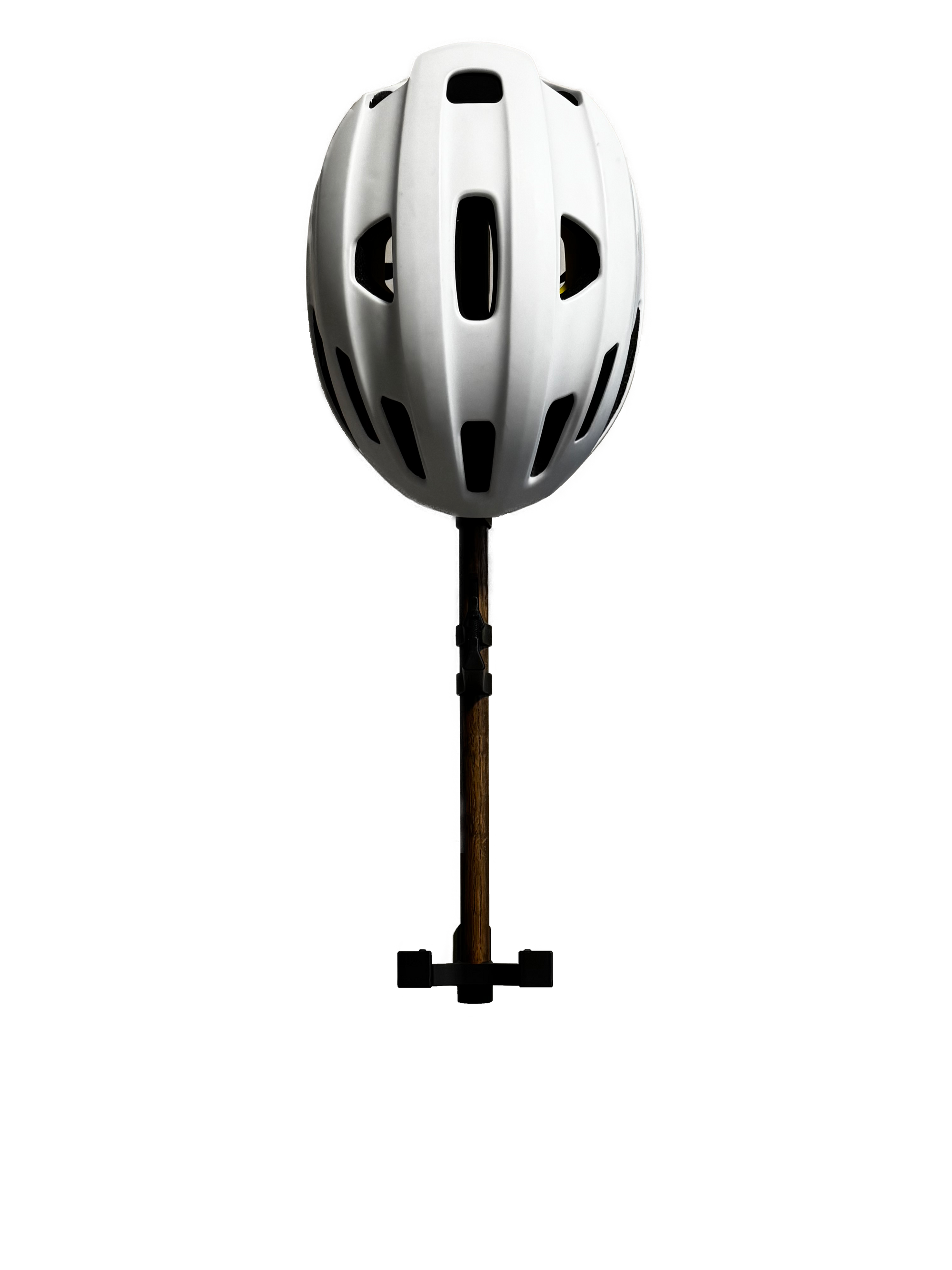 The Alta accessory rack with a white helmet mounted, transparent (white) background. Front view.