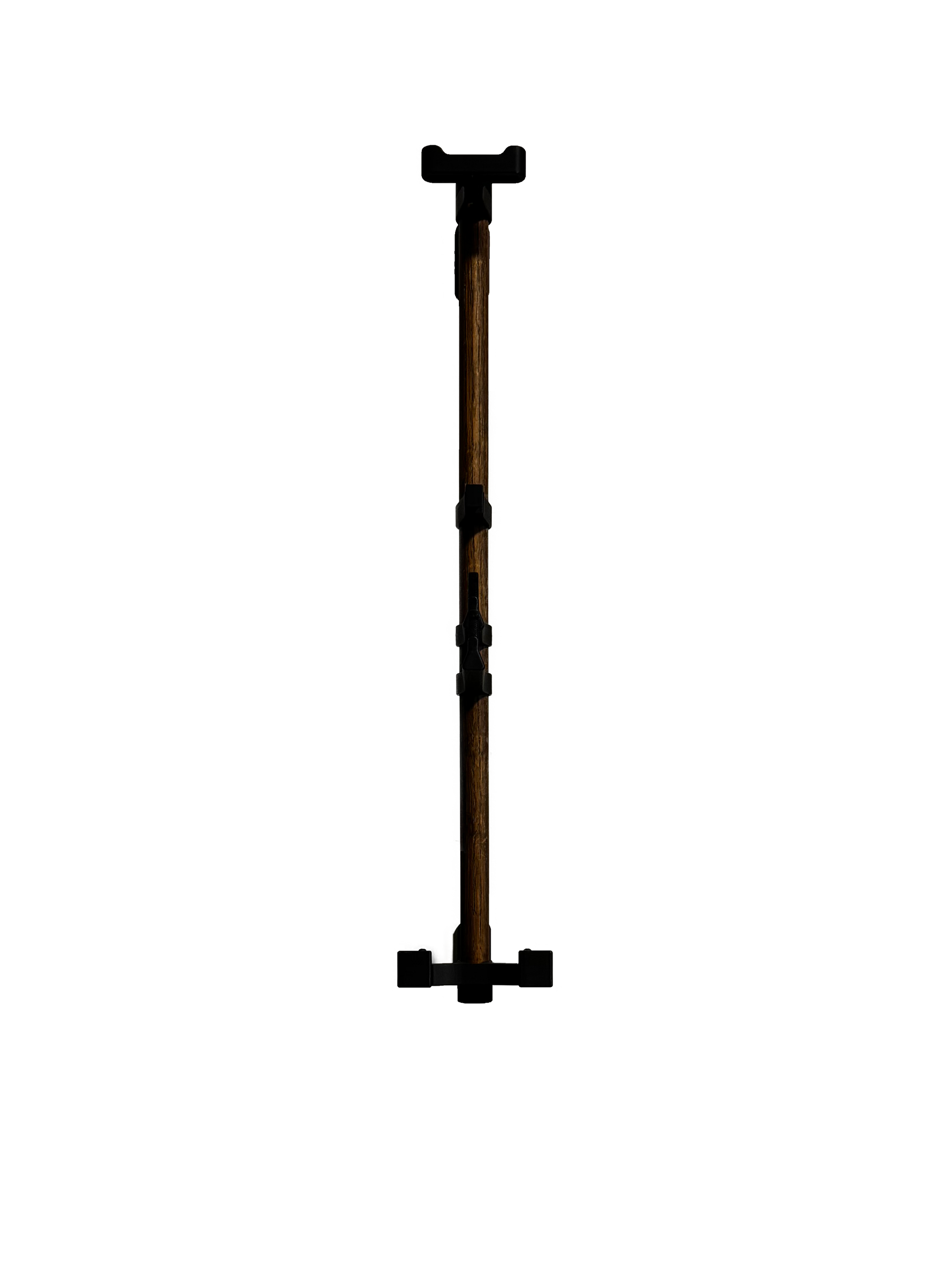 The Alta accessory rack empty and isolated on transparent (white) background. It consists of a vertical wooden rod and several black plastic modular attachments distributed along its height. Front view.
