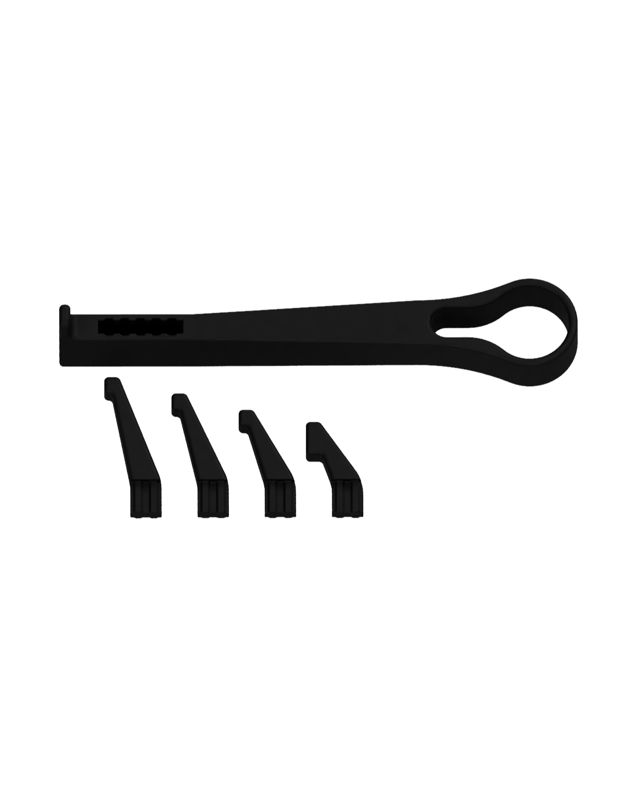 Long sunglasses holder modular attachment with all 4x different sized inserts laid next to it. Black matte plastic on transparent (white) background.