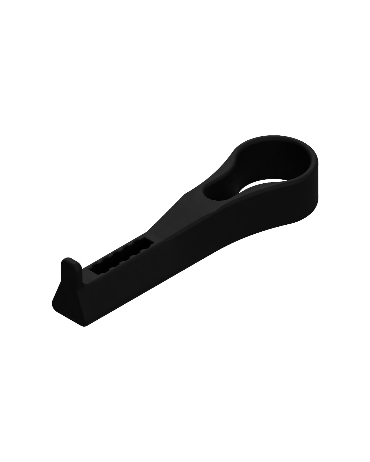Short sunglasses holder modular attachment. Black matte plastic on transparent (white) background.