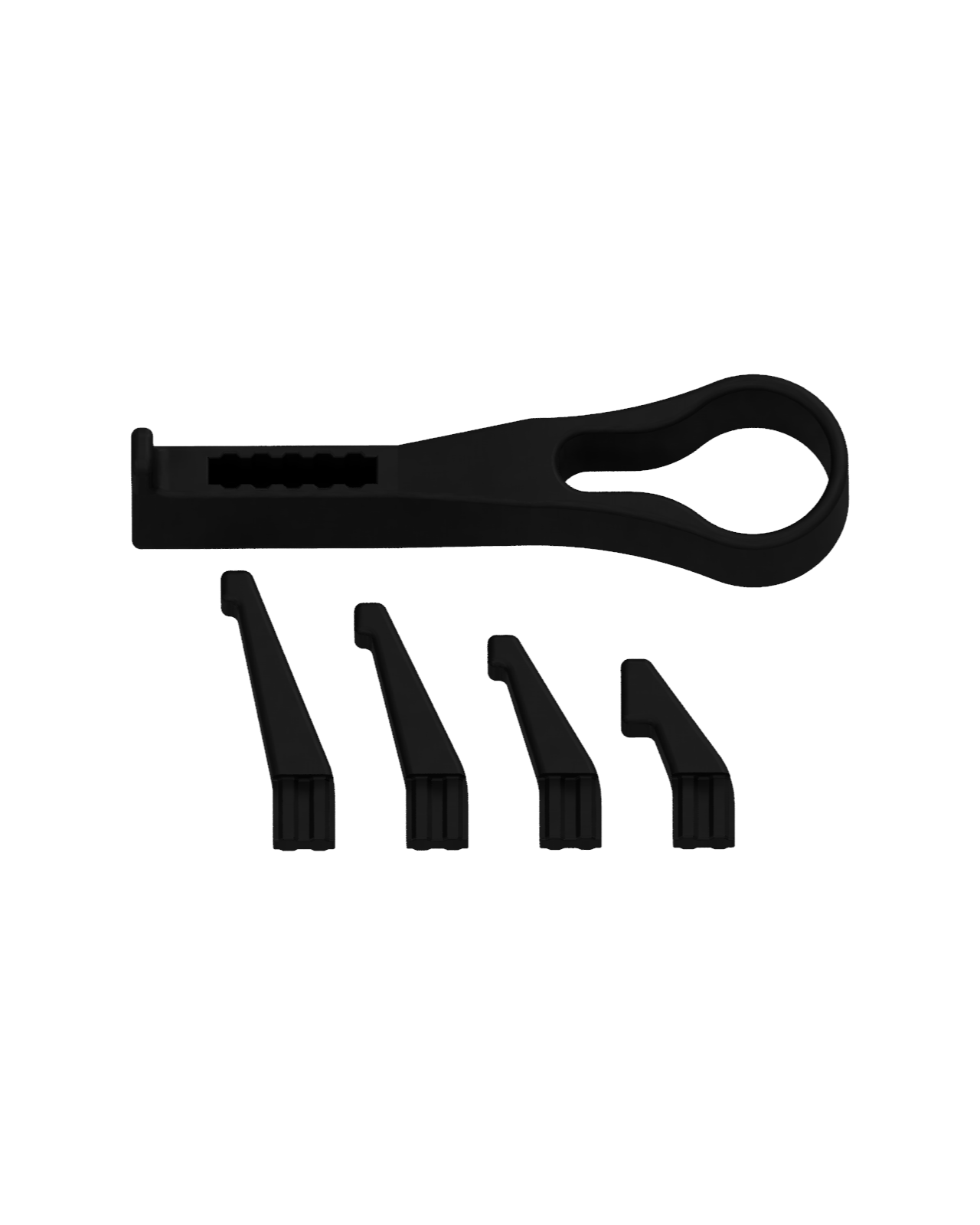 Short sunglasses holder modular attachment with all 4x different sized inserts laid next to it. Black matte plastic on transparent (white) background.