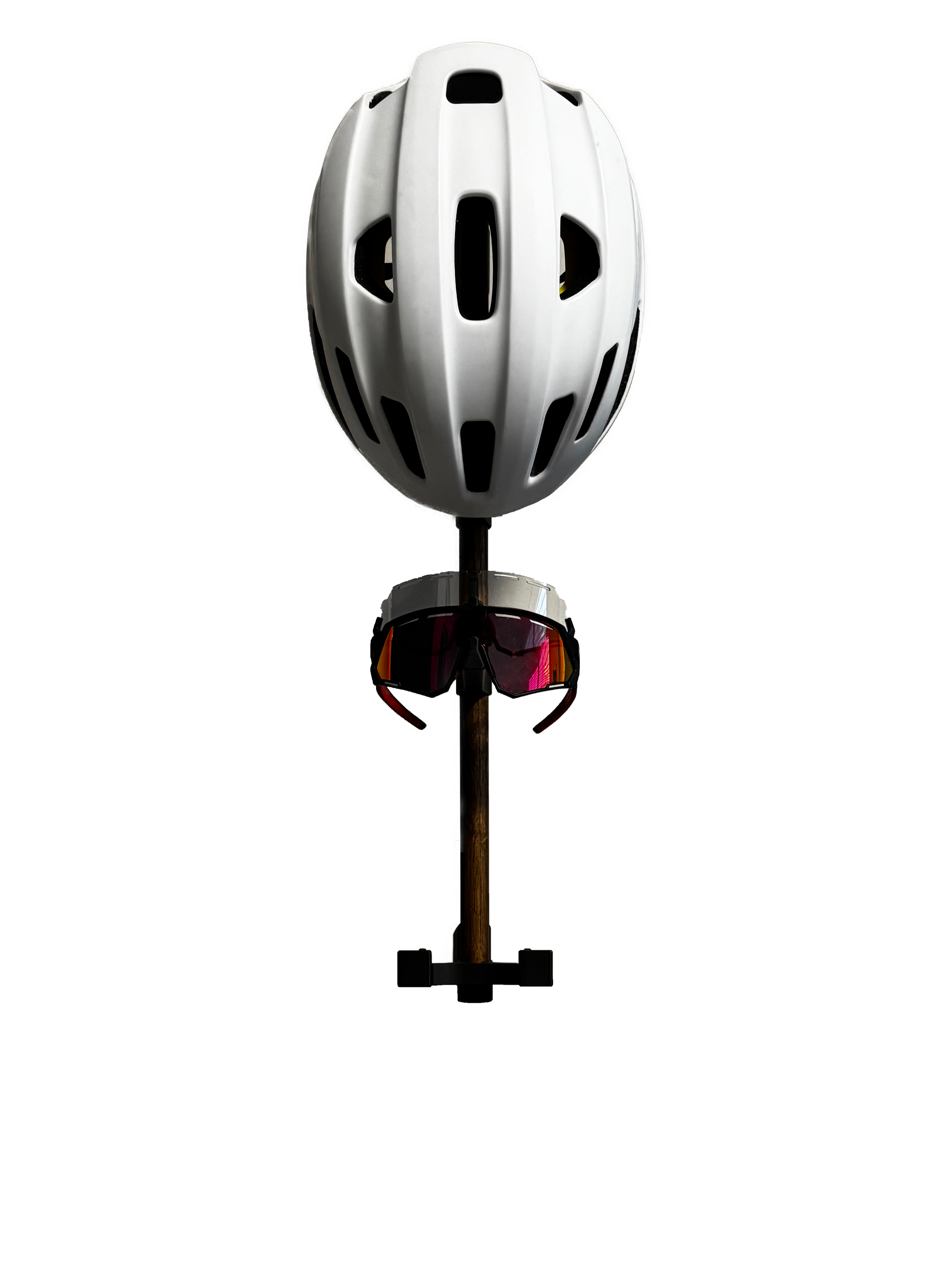 The Alta accessory rack with a white helmet and two cycling sunglasses mounted, transparent (white) background. Front view.