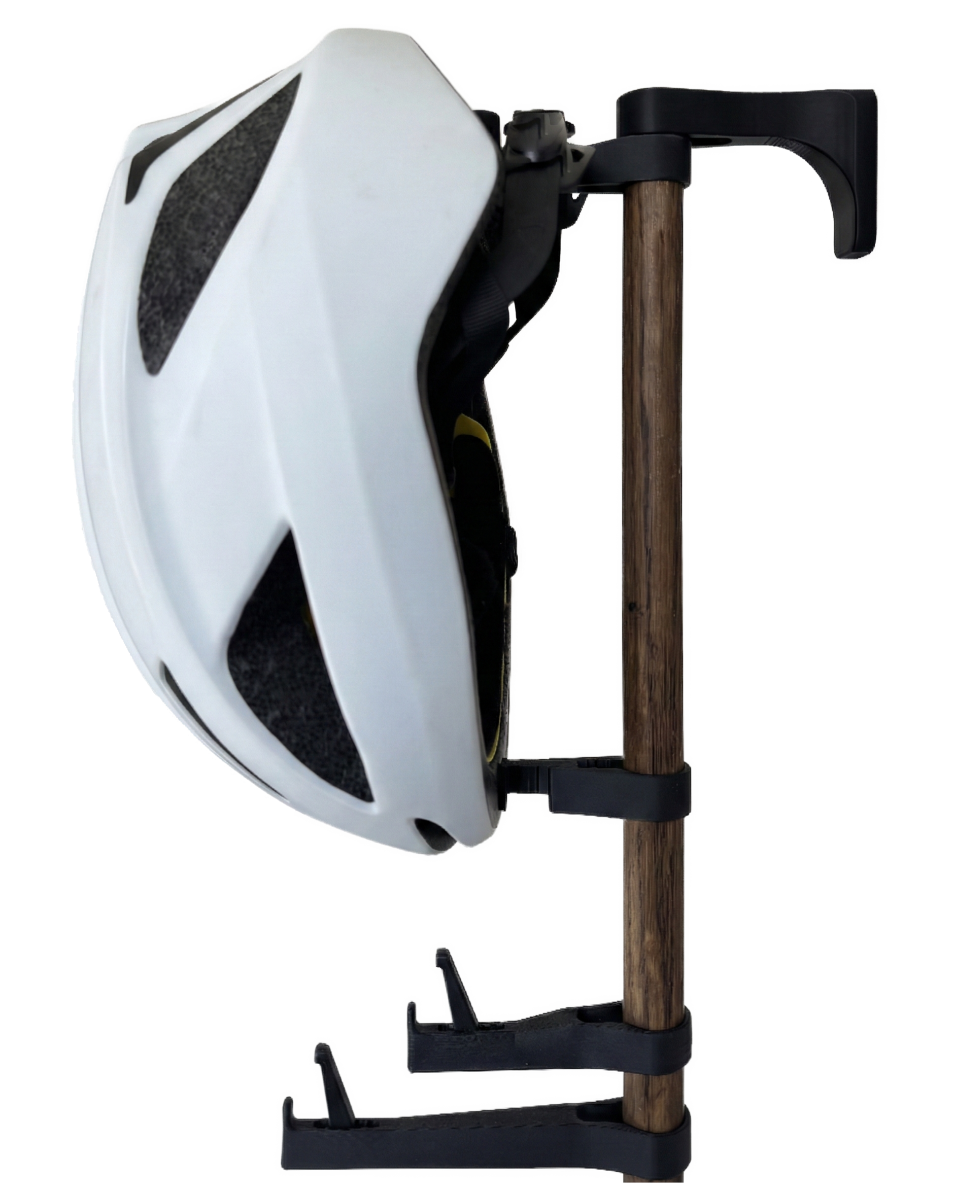 Alta gear rack, with white helmet on helmet hanger, helmet standoff in largest position holds helmet more than vertical. Side view. 