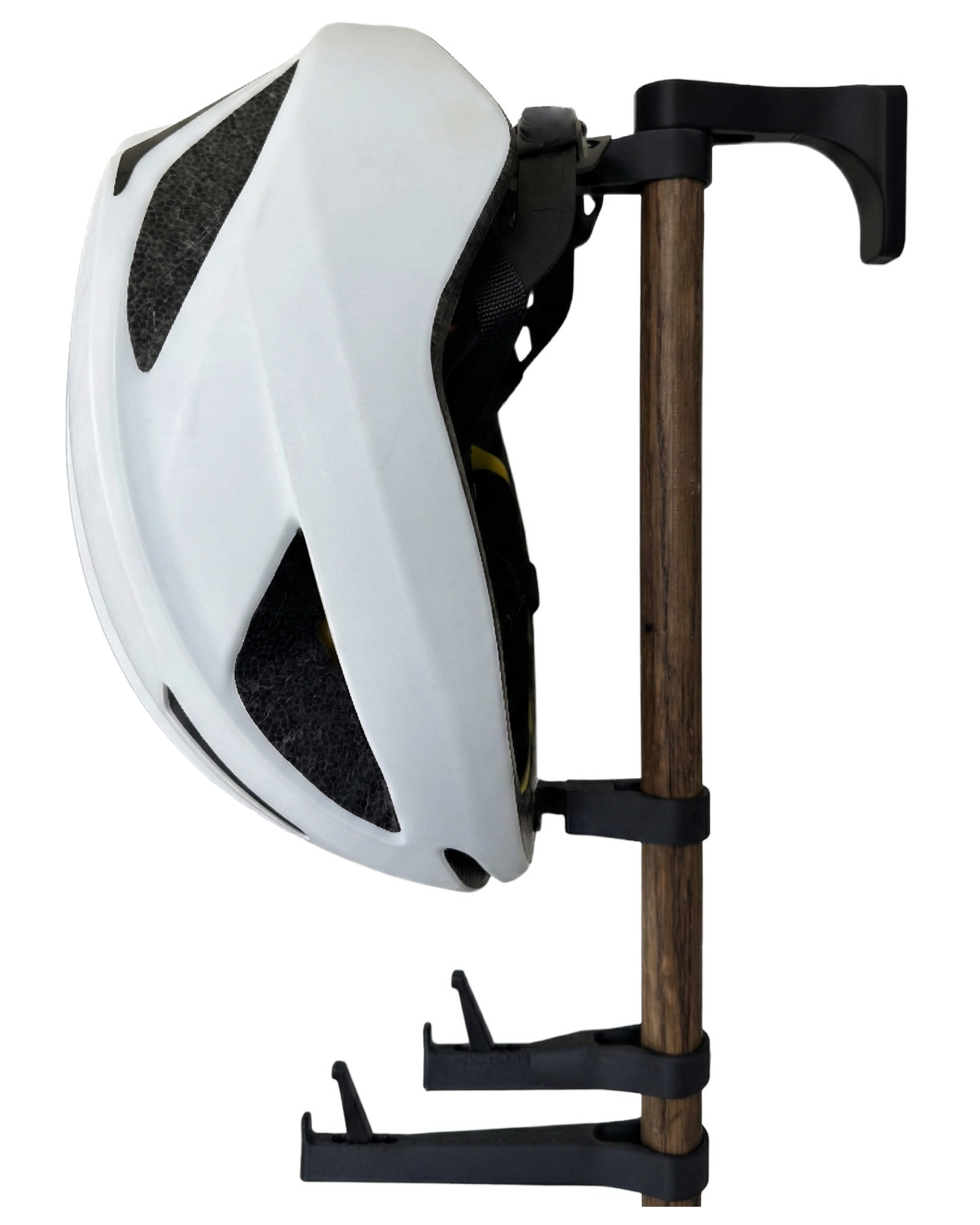 Alta gear rack, with white helmet on helmet hanger, helmet standoff in middle position holds helmet close to vertical. Side view. 