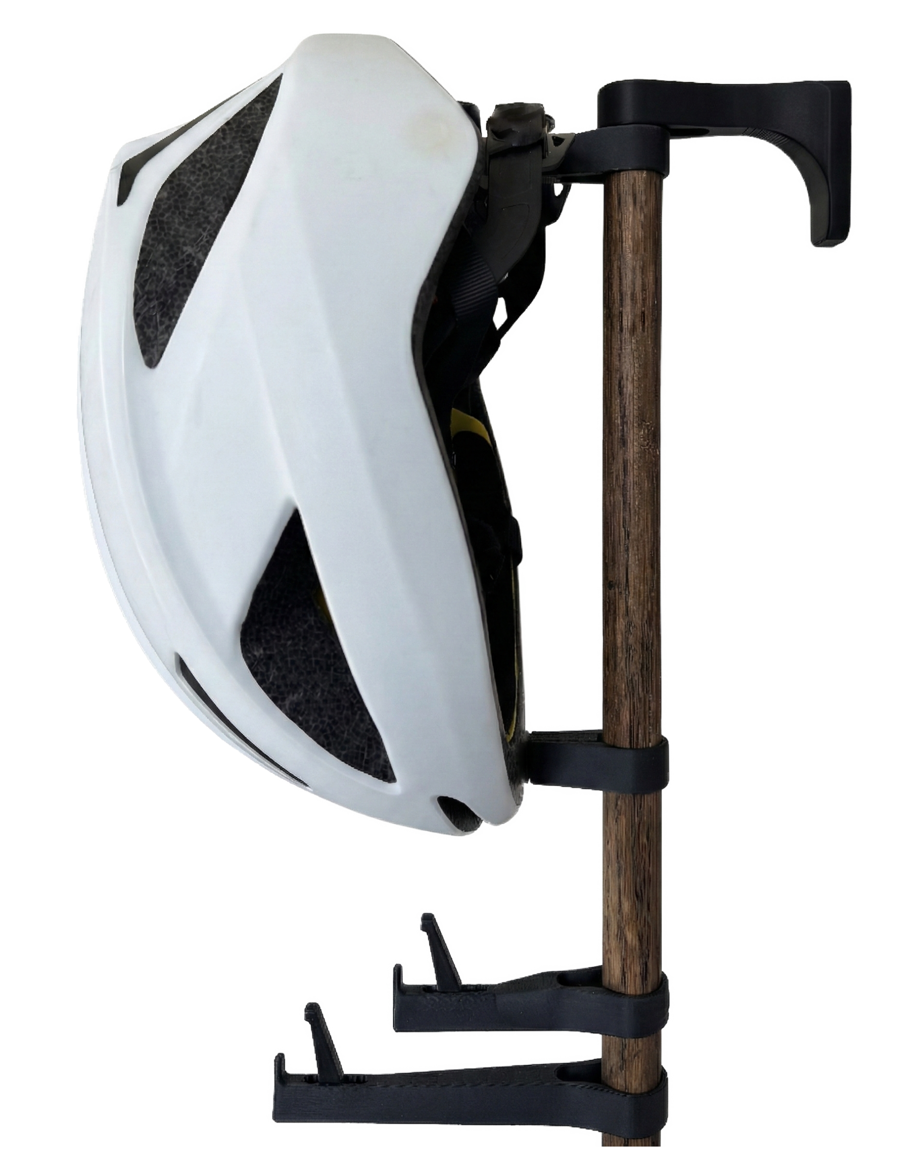 Alta gear rack, with white helmet on helmet hanger, helmet standoff in smallest position holds helmet less than vertical. Side view. 