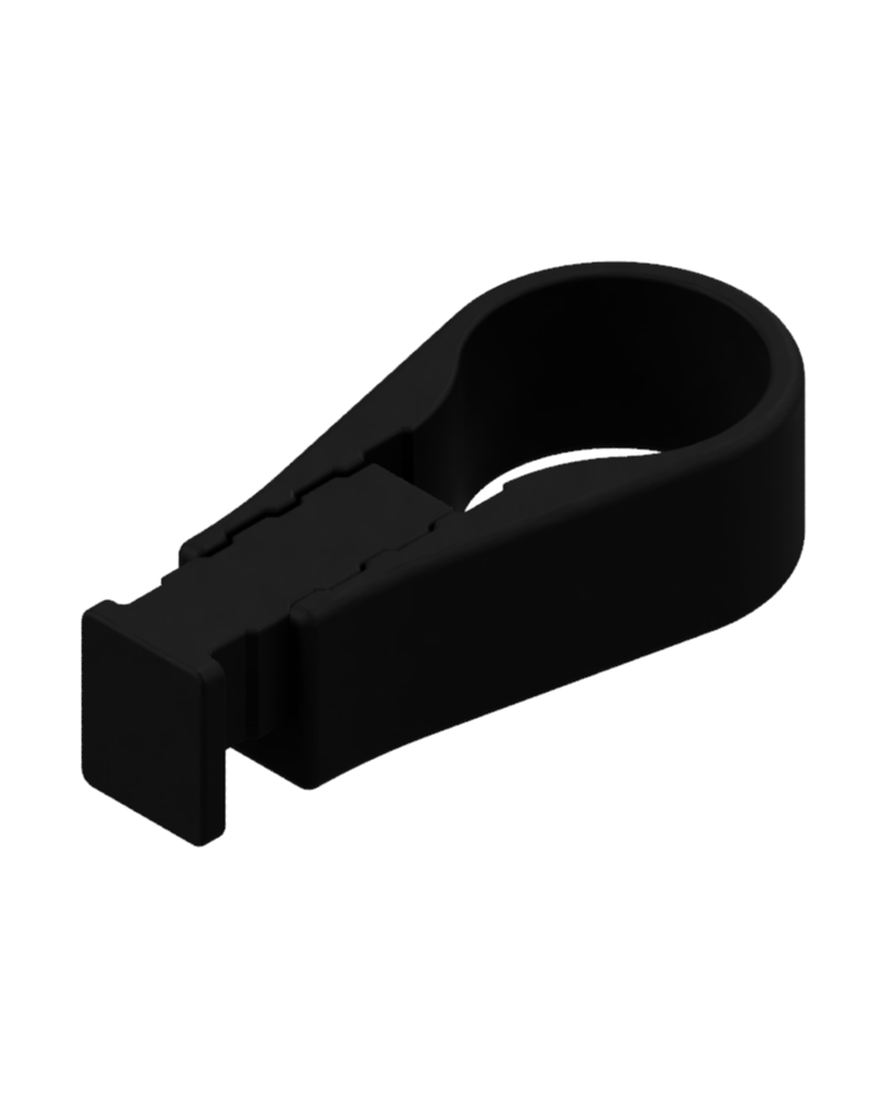 Helmet standoff modular attachment. Black matte plastic on transparent (white) background.