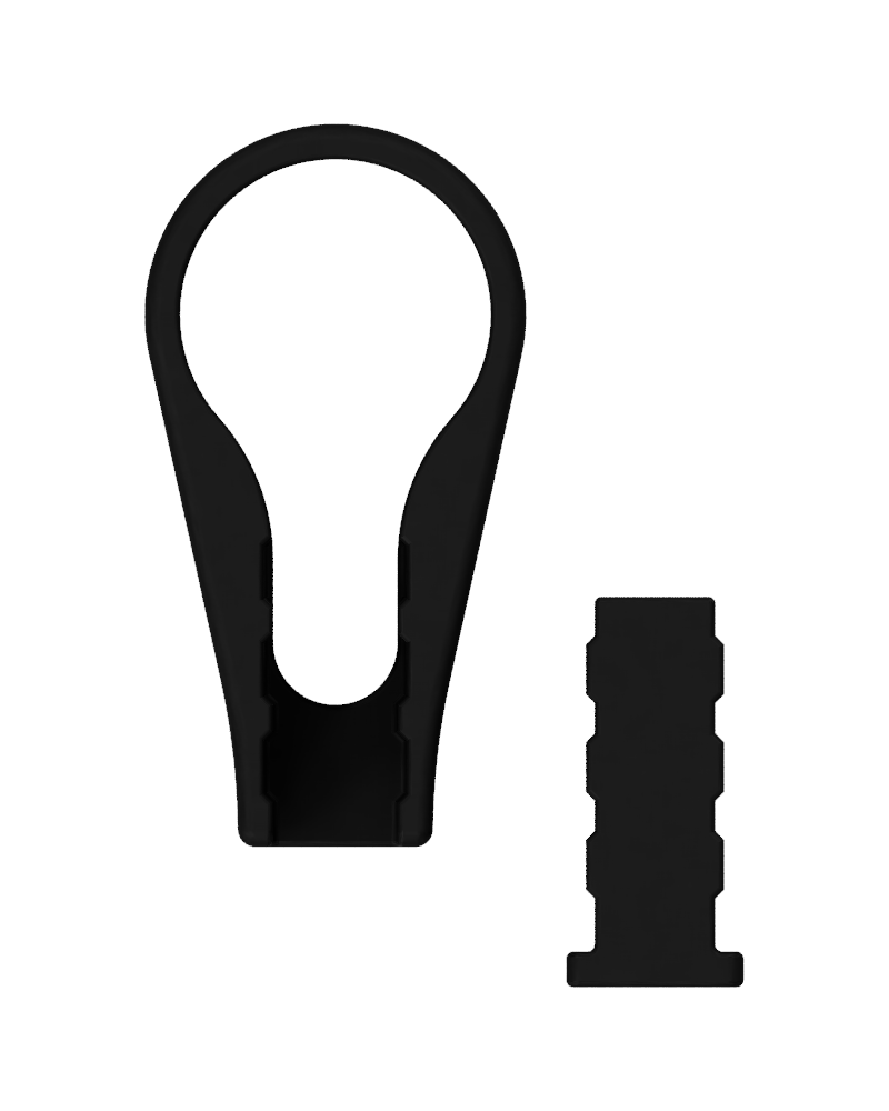 Helmet standoff modular attachment. The adjustable standoff is separate and next two the system connector. Black matte plastic on transparent (white) background.