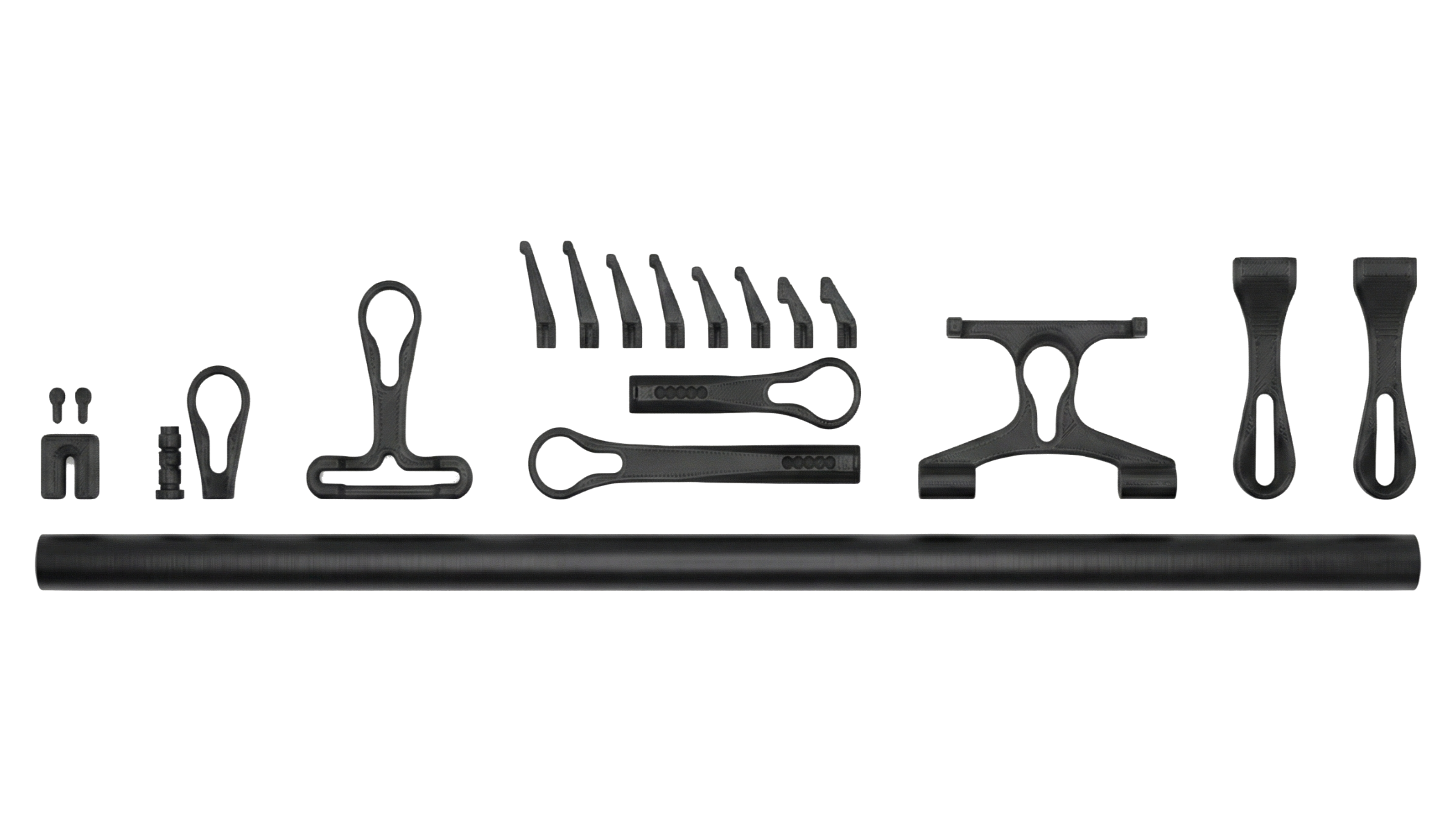 All parts of Alta gear rack laid out on white background. Includes black aluminum rod and all black plastic attachments.